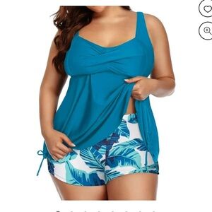 Plus Size Teal Tankini Top with Tropical Print Swim Shorts Size XL